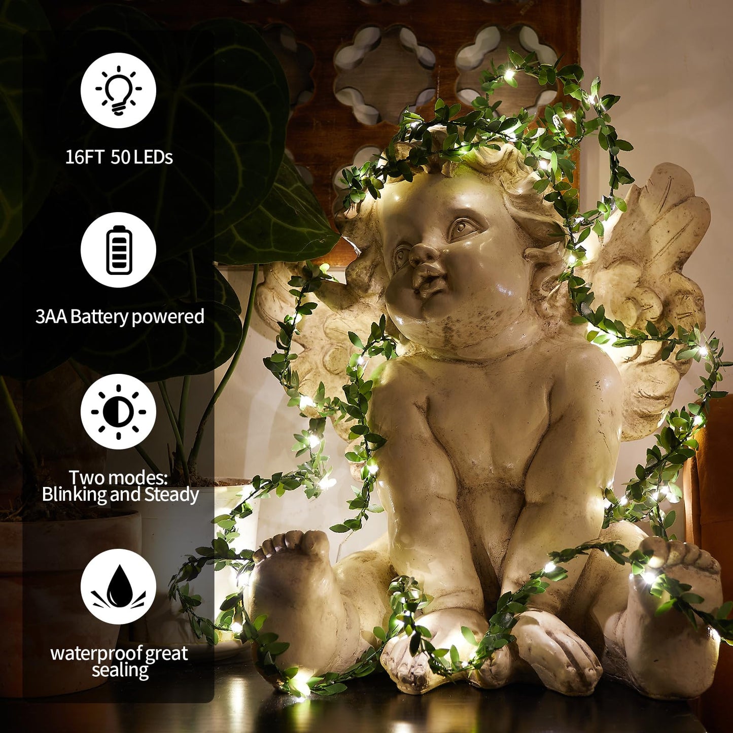 Ariceleo Artificial Garland LED Fairy String Lights – 1 Pack 16.4 ft Warm White Battery Operated Copper Wire with Remote | Indoor Use | 8 Lighting Modes - Ideal for Christmas, Weddings, Parties