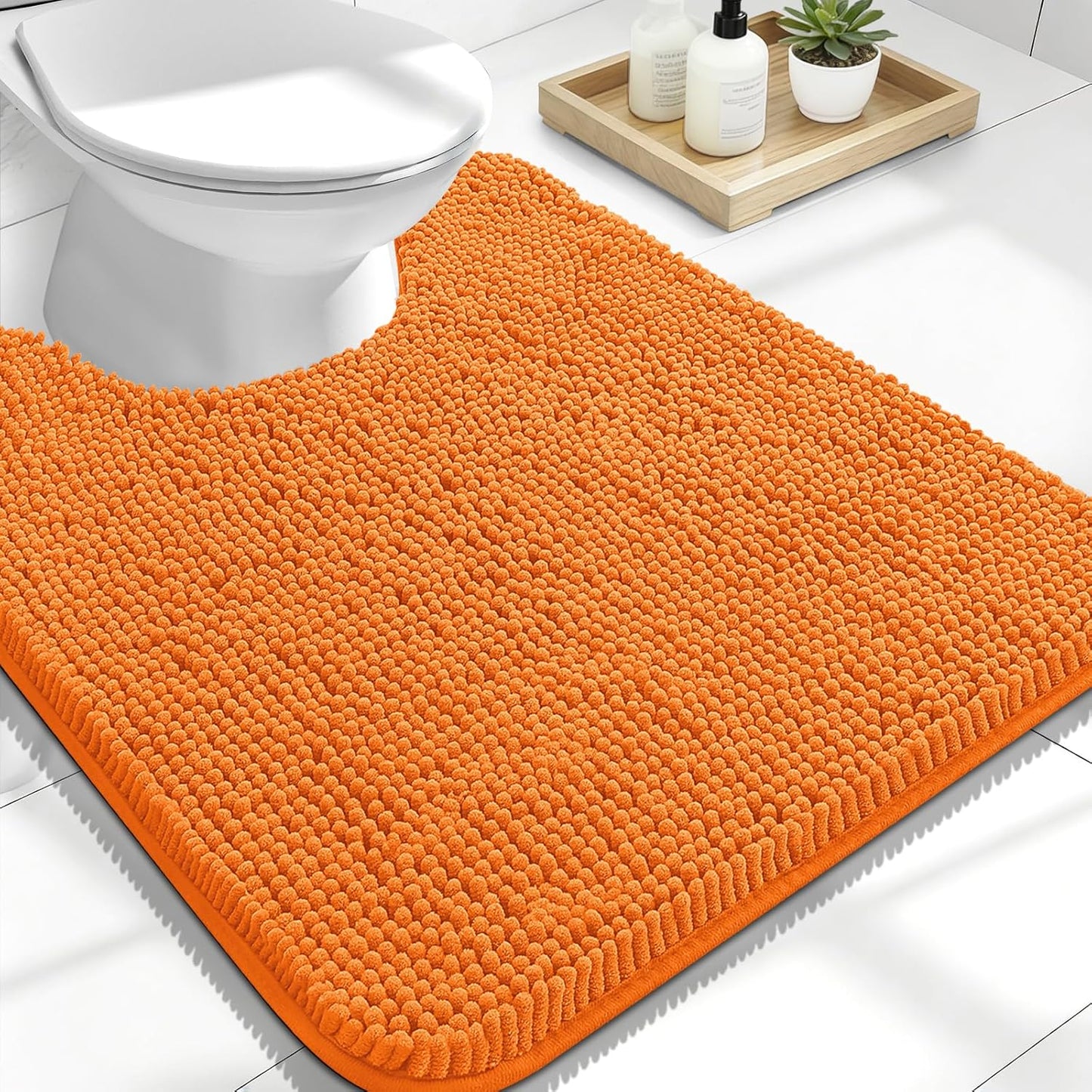 OLANLY U-Shaped Toilet Rug - Extra Soft, Absorbent Chenille Bathroom Mat | 24x20, Quick-Dry, Non-Slip, Orange