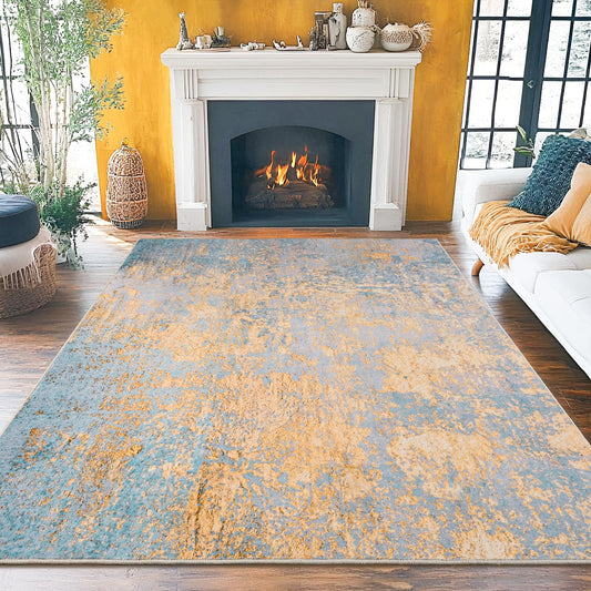 Merelax Living Room Area Rugs 5x7, Blue Yellow Rug for Bedroom Kids Room, Soft Large Modern Abstract Area Rug, Boho Vintage Machine Washable Non Slip Carpet for Dining Room Office Study, Low Pile Rugs