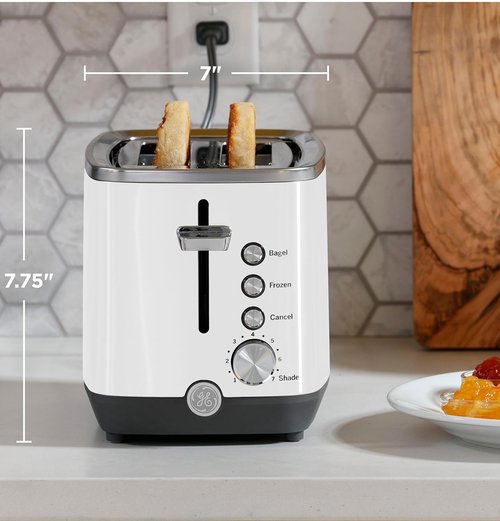 GE 2-Slice Toaster - Extra Wide Slots for Bagels & Waffles | 7 Shade Settings, Removable Crumb Tray, 850 Watts, White