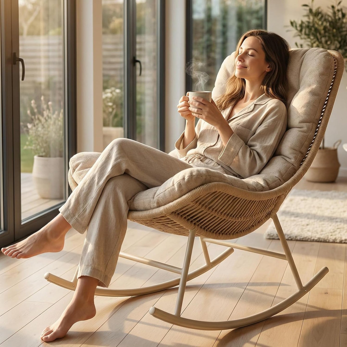 SWITTE Outdoor Rattan Rocking Papasan Chair - Handwoven Wicker with Cushion | Indoor Patio Lounge Chair - Cream