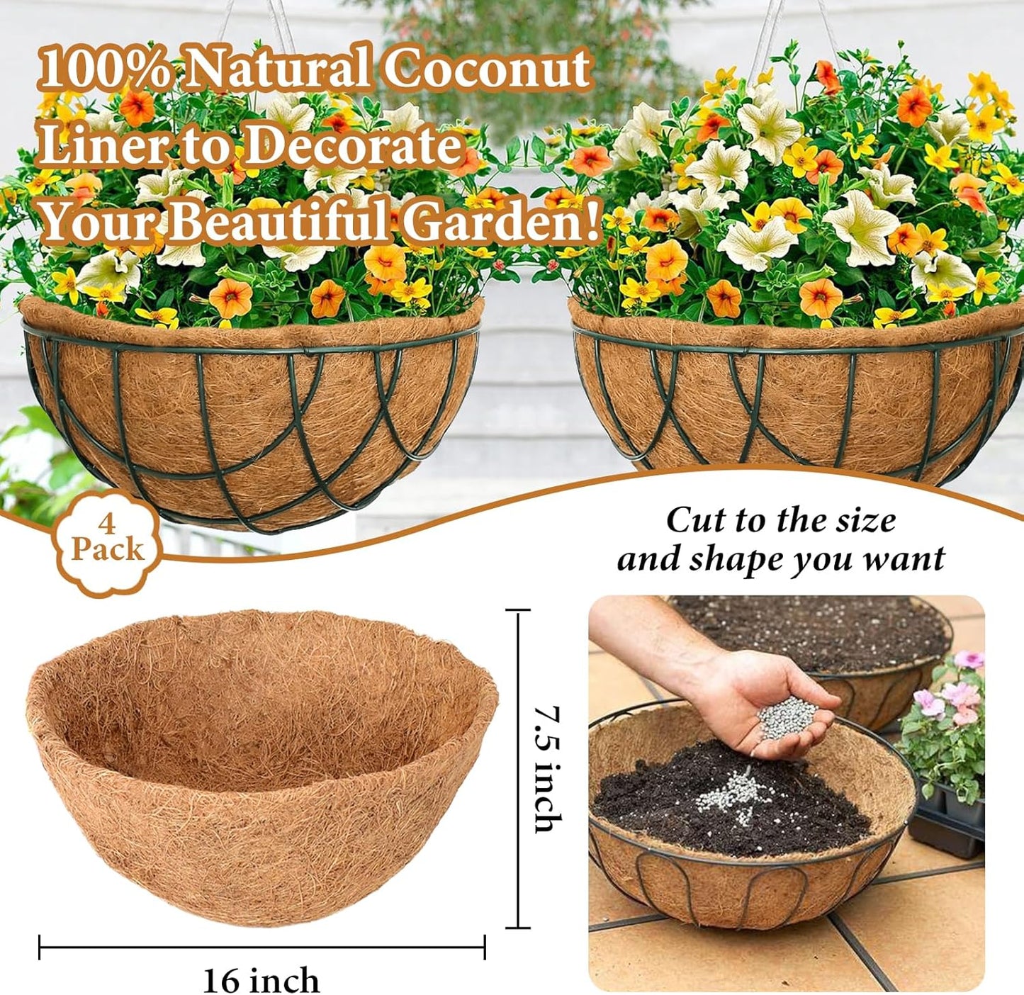 Legigo 16-Inch Coco Fiber Hanging Basket Liners - 4 Pack of 100% Natural Round Planter Inserts