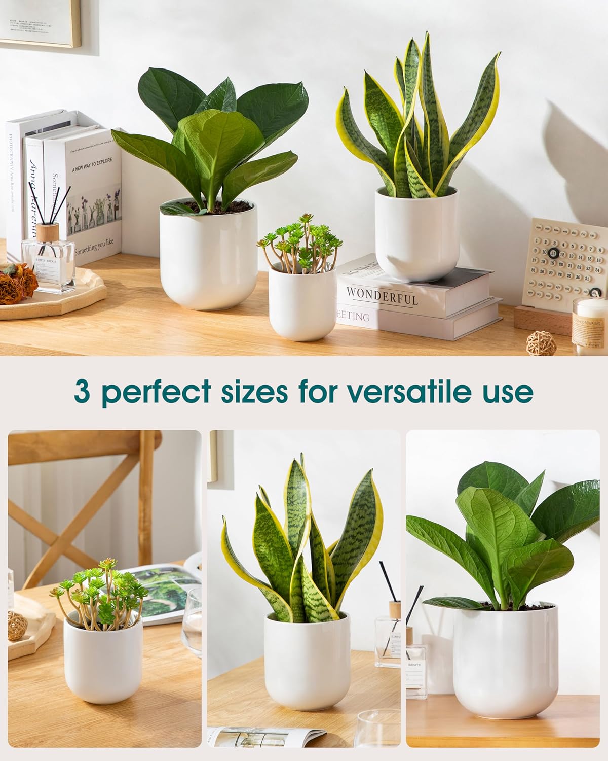 Vancasso Ceramic Plant Pots - Set of 3 (4", 5", 6") | Modern Indoor Planters with Drainage Holes - White