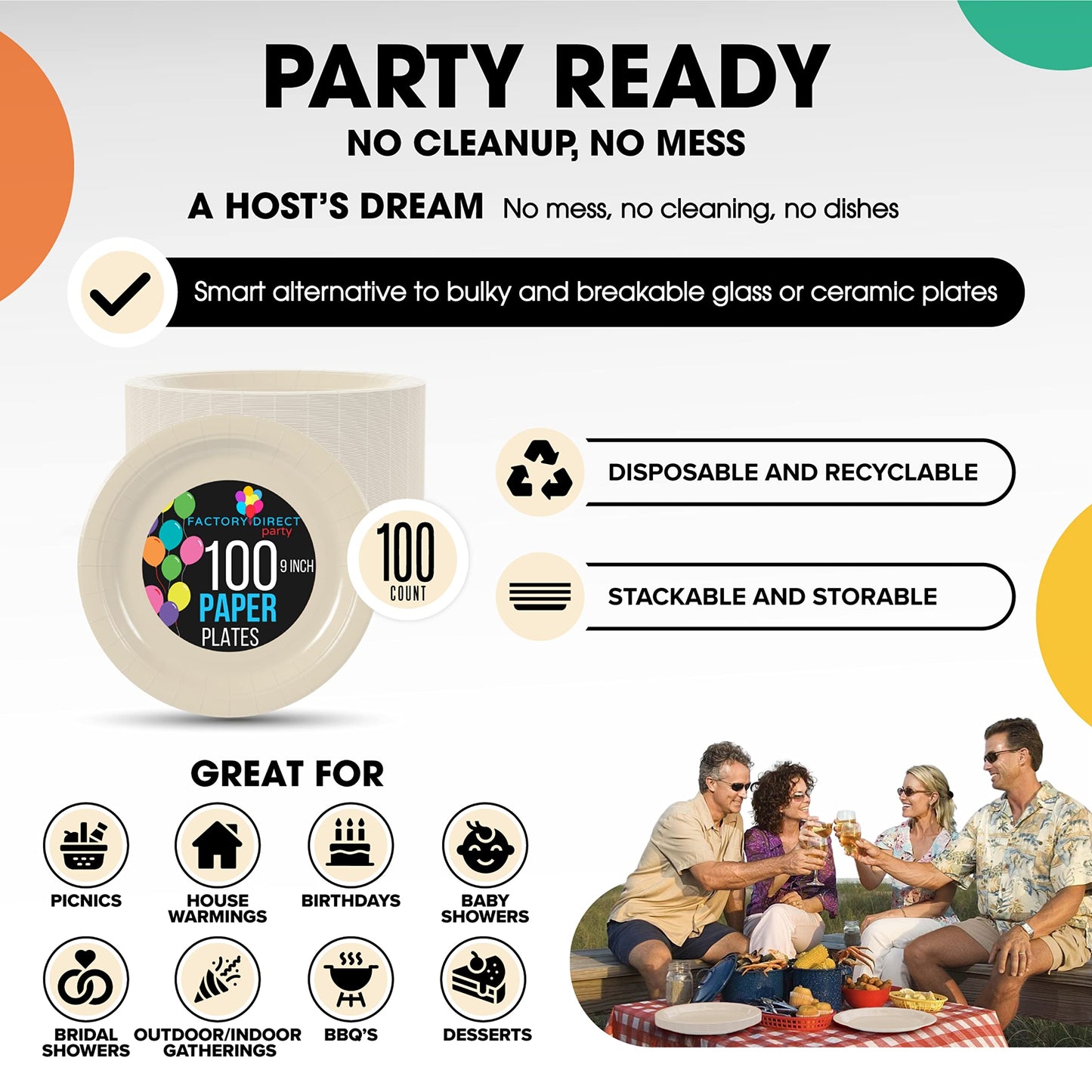 Exquisite Party Solids Ivory Paper Plates Disposable Heavy Duty 9 Inch Ivory Disposable Plates For Party 100 Pcs Heavy Duty 350 GSM, Birthday Supplies