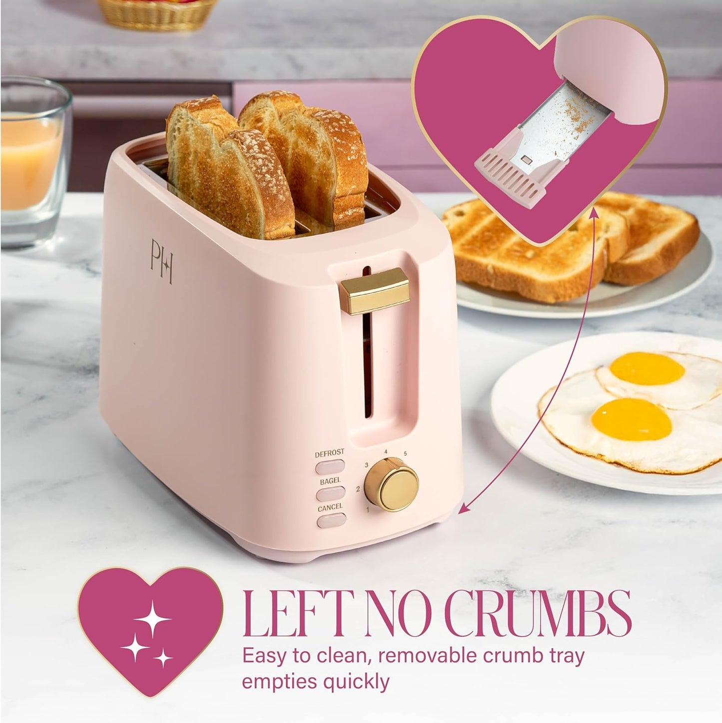Paris Hilton 2-Slice Toaster - Extra-Wide Slots & 7 Browning Settings | Pink with Bagel & Defrost Functions