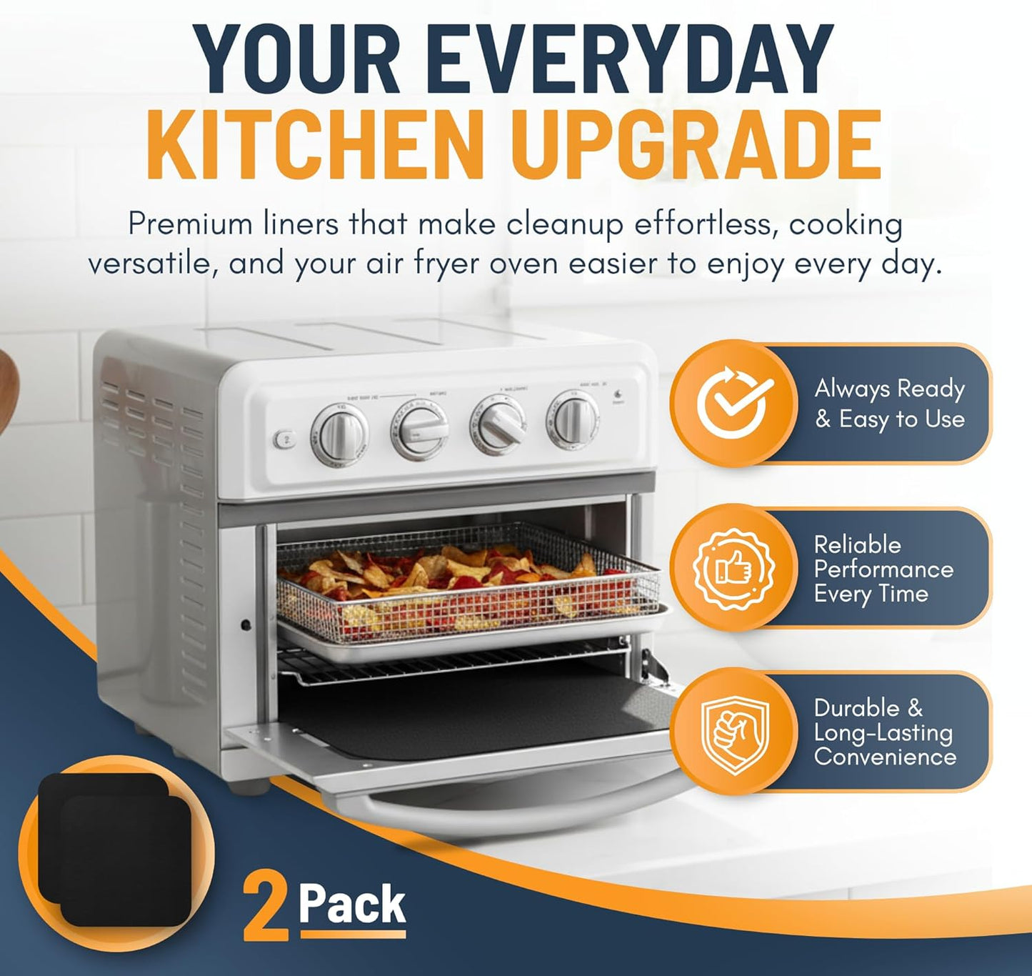Skiennix Toaster Oven Liners - Reusable Non-Stick Heat Resistant Mats | 12"x12" Black (2 Pack)