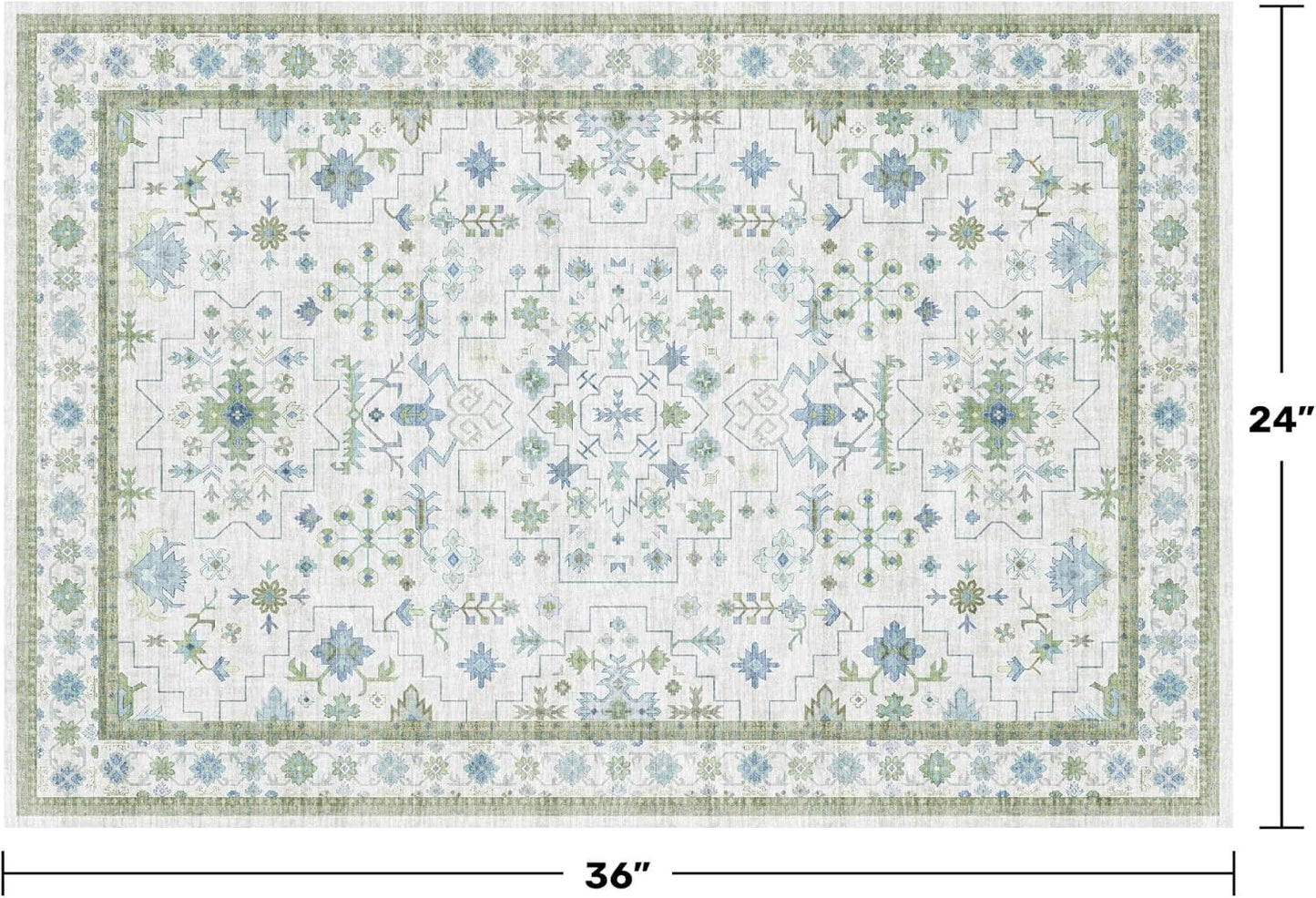 Oushak Washable Boho Bathroom Rug - Small 2x3 Area Rug in Blue and Green | Non-Slip, Stain Resistant, Low Pile