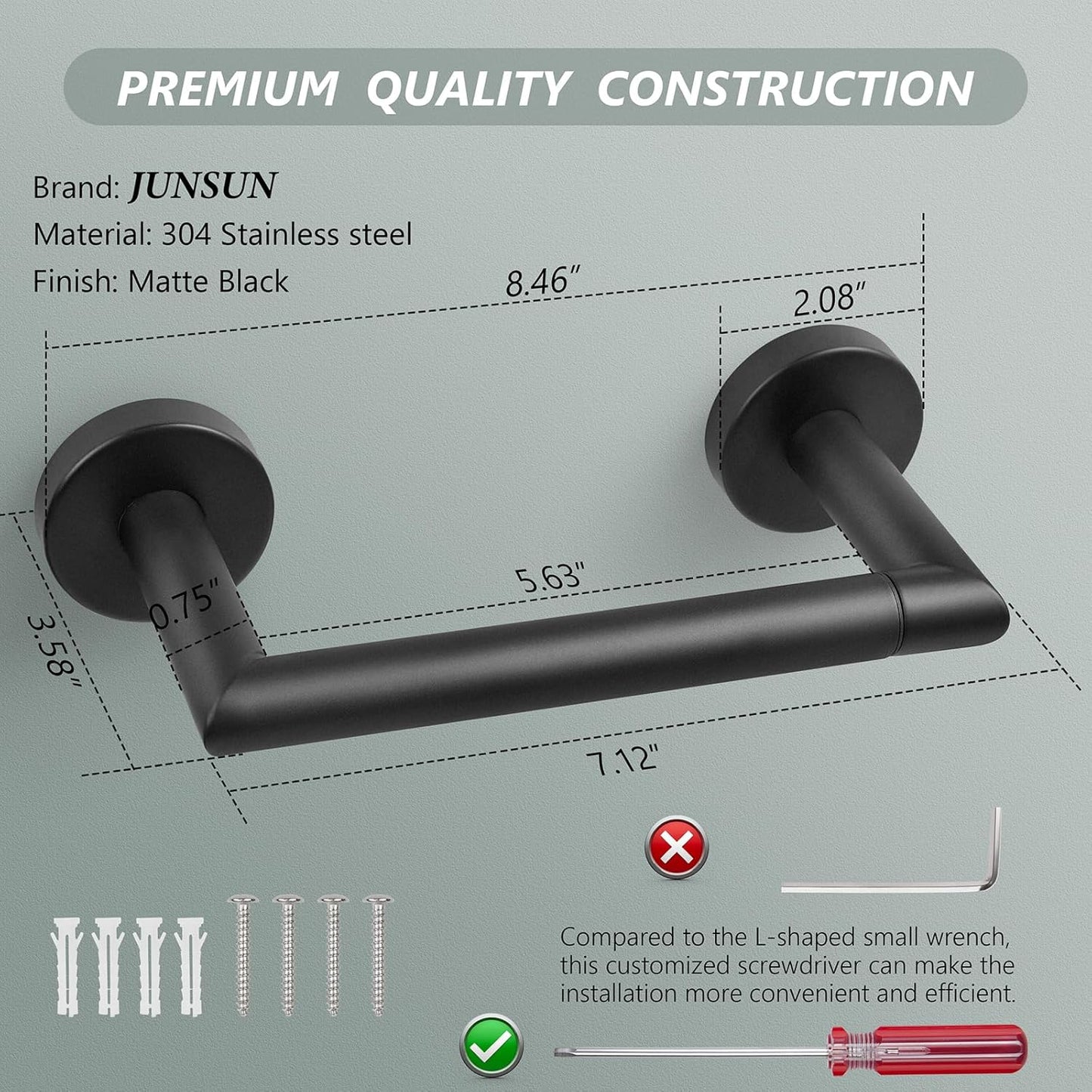JunSun Matte Black Toilet Paper Holder - Wall-Mounted Pivoting Design for Large Mega Rolls