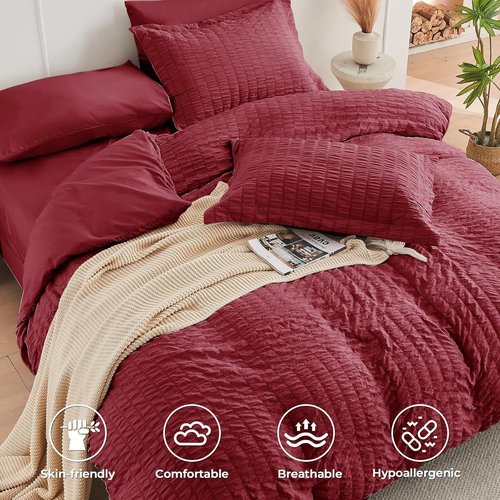 HYMOKEGE King Size Comforter Set - Luxury Burgundy Seersucker 7-Piece Bedding Set | All-Season Comfort