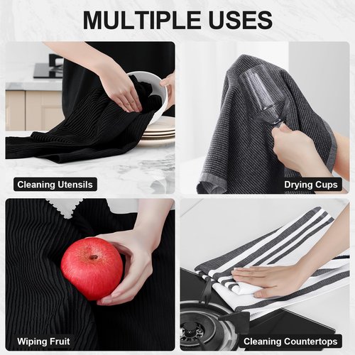 Homaxy Premium Kitchen Towels(18”x 28”, 6 Pack), Large Cotton 380 GSM Kitchen Hand Towels, Soft and Absorbent Terry Dish Towels, Multipurpose Tea Towel Set with Hanging Loop, Black