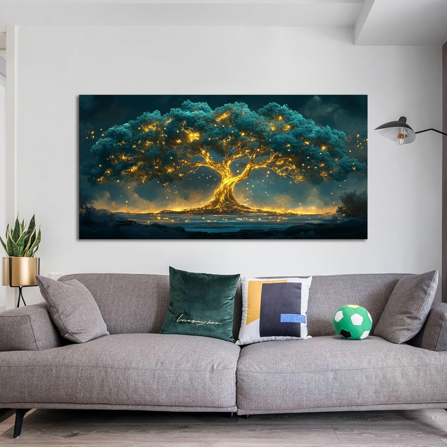 Skiennix Canvas Wall Art - Tree of Life Design in Green & Gold | 20" X 40" for Living Room Decor