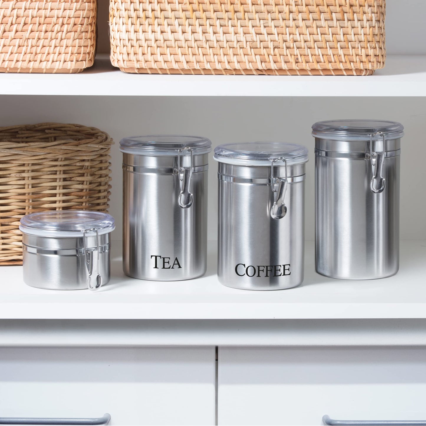 Oggi Stainless Steel Coffee Canister 62 fl oz - Airtight Clamp Lid, Clear See-Thru Top - Ideal for Coffee Bean Storage, Ground Coffee Storage, Kitchen Storage, Pantry Storage. Large Size 5" x 7.5".