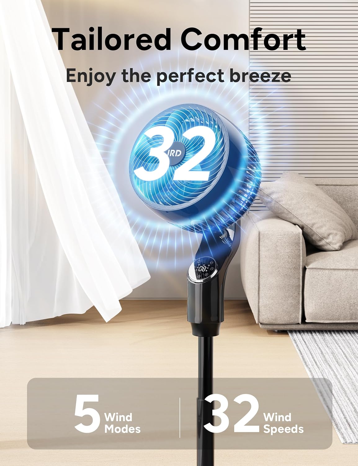JRD Oscillating Standing Fan - 70° Quiet Pedestal Fan with Remote & 32 Wind Speeds | Adjustable 39-43" Height