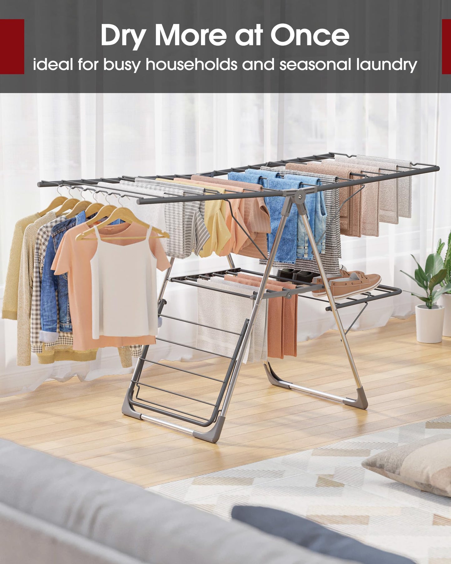 Sakugi Clothes Drying Rack, Foldable 2-Level Laundry Drying Rack with Height-Adjustable Wings, for Clothing & Bedding, Free-Standing Space-Saving Rack, Indoor & Outdoor, 55.5" L × 22.8" W, Gray