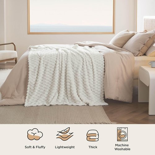 Bedsure Off White Throw Blanket - Fluffy Plush 350GSM Fleece for Cozy Home Decor | 50x60 Inches