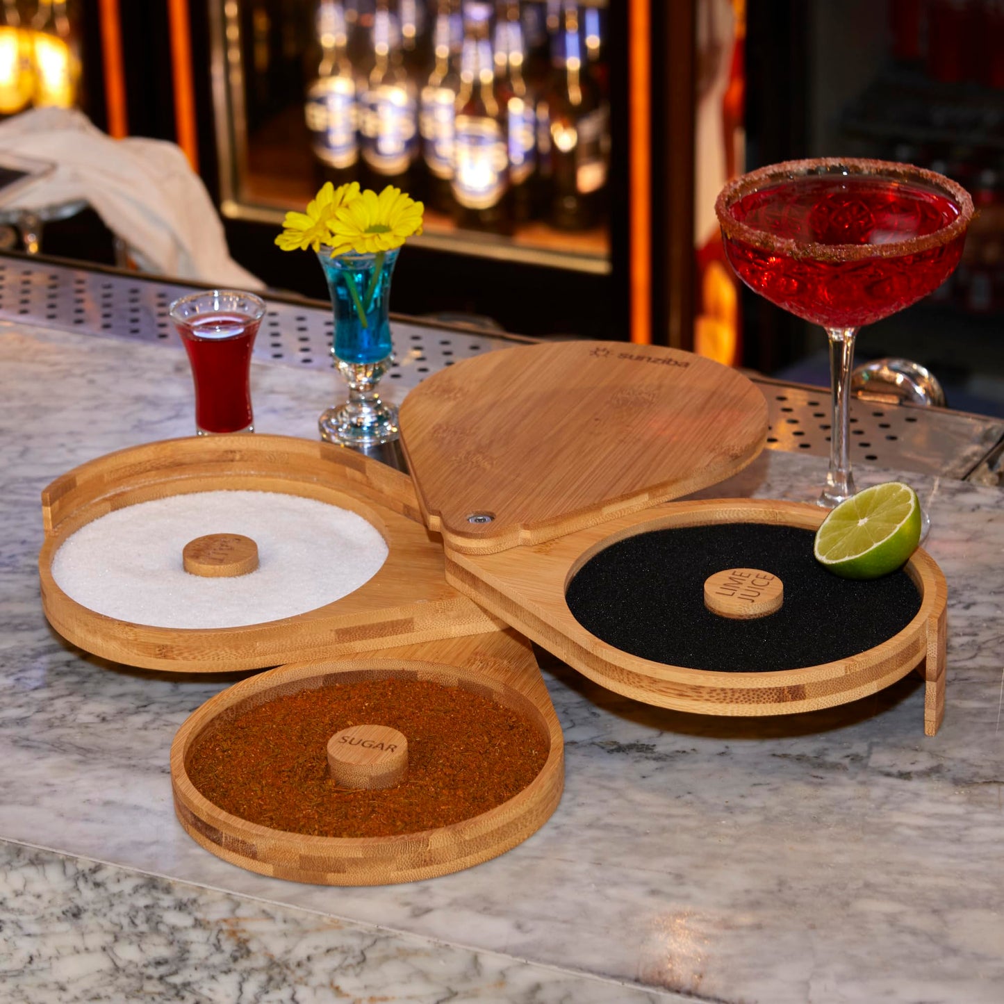 Sunziba Margarita Salt Rimmer Set | 3-Tier Bamboo Salt Rimmer for Cocktails | Bartender Accessories & Home Bar Gift | Complete Margarita Kit