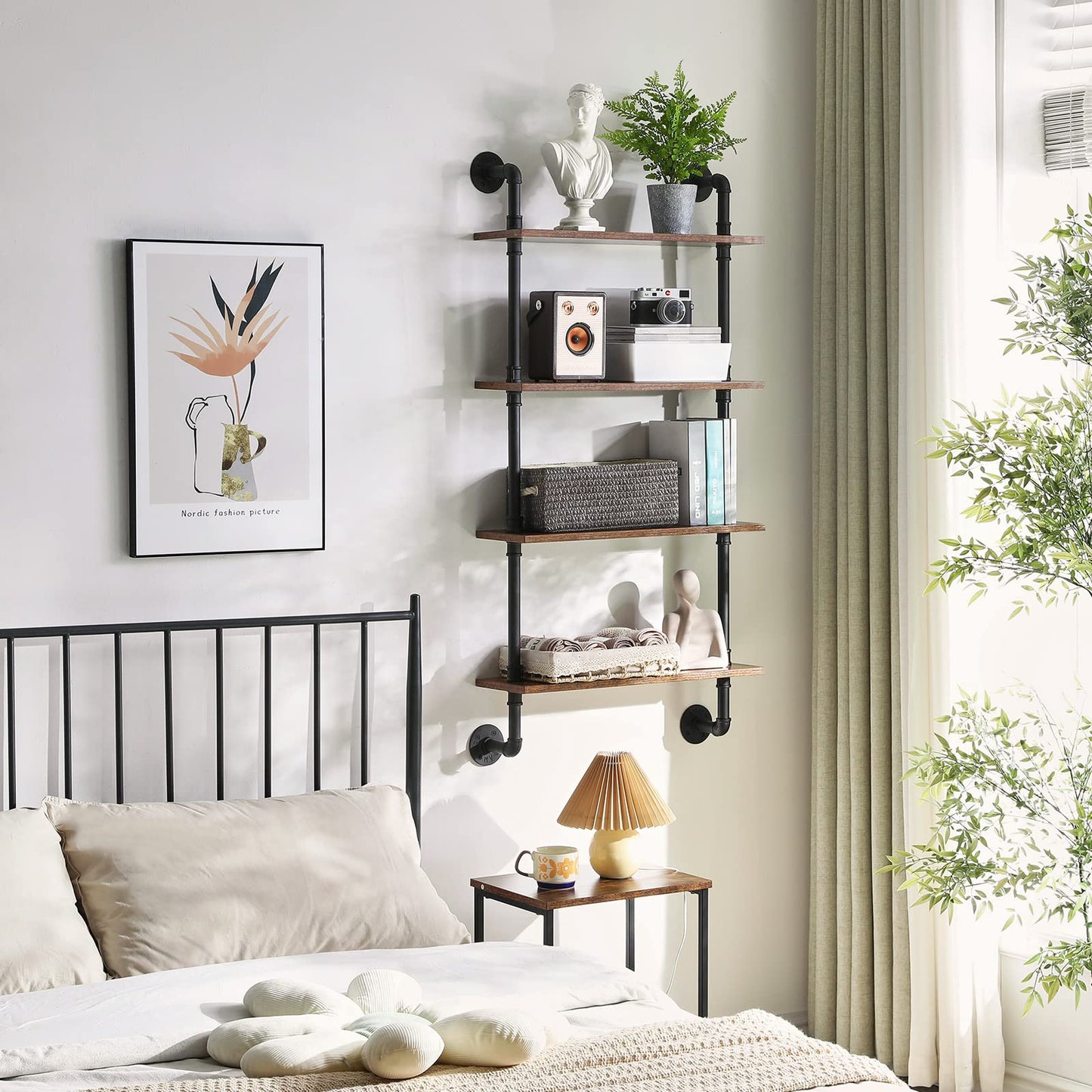 YMYNY Industrial Pipe Shelf Bracket, 4 Tiers Retro Wall Mounted Floating Shelf, Wood DIY Bookshelf, Storage Shelves for Living Room, Bedroom, Office, 24" Farmhouse Bathroom Shelving, UHWS002H
