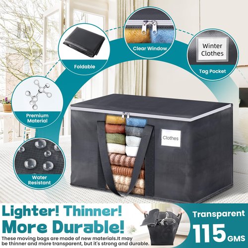 HomeHacks Extra Large Moving Bags with Visible PVC Window, Lightweight but Durable Storage Bags with Reinforced Handles, Storage Totes for Packing, Moving, Storage (93L, 6-Pack)
