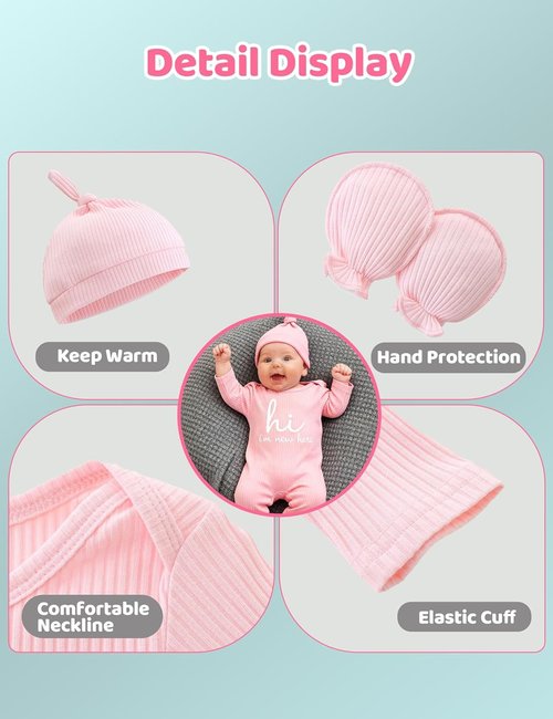 Babymine Newborn Unisex Baby Clothes - Long Sleeve Onesie Outfit with Mittens & Hat | 0-3 Months