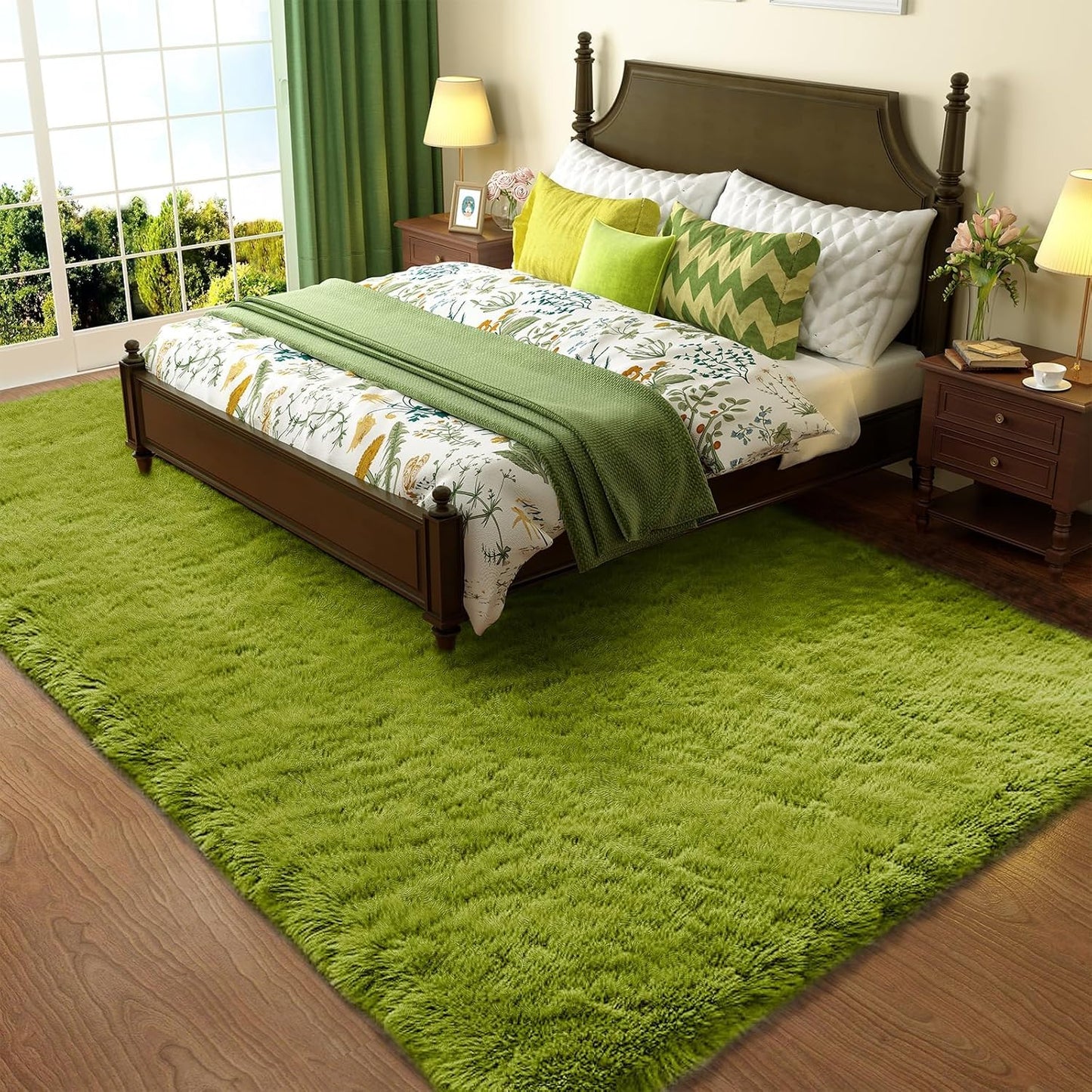 Ophanie Green Area Rug - Soft Fluffy Shag Carpet for Bedroom | 4x6 Furry Plush Design for Kids' Room