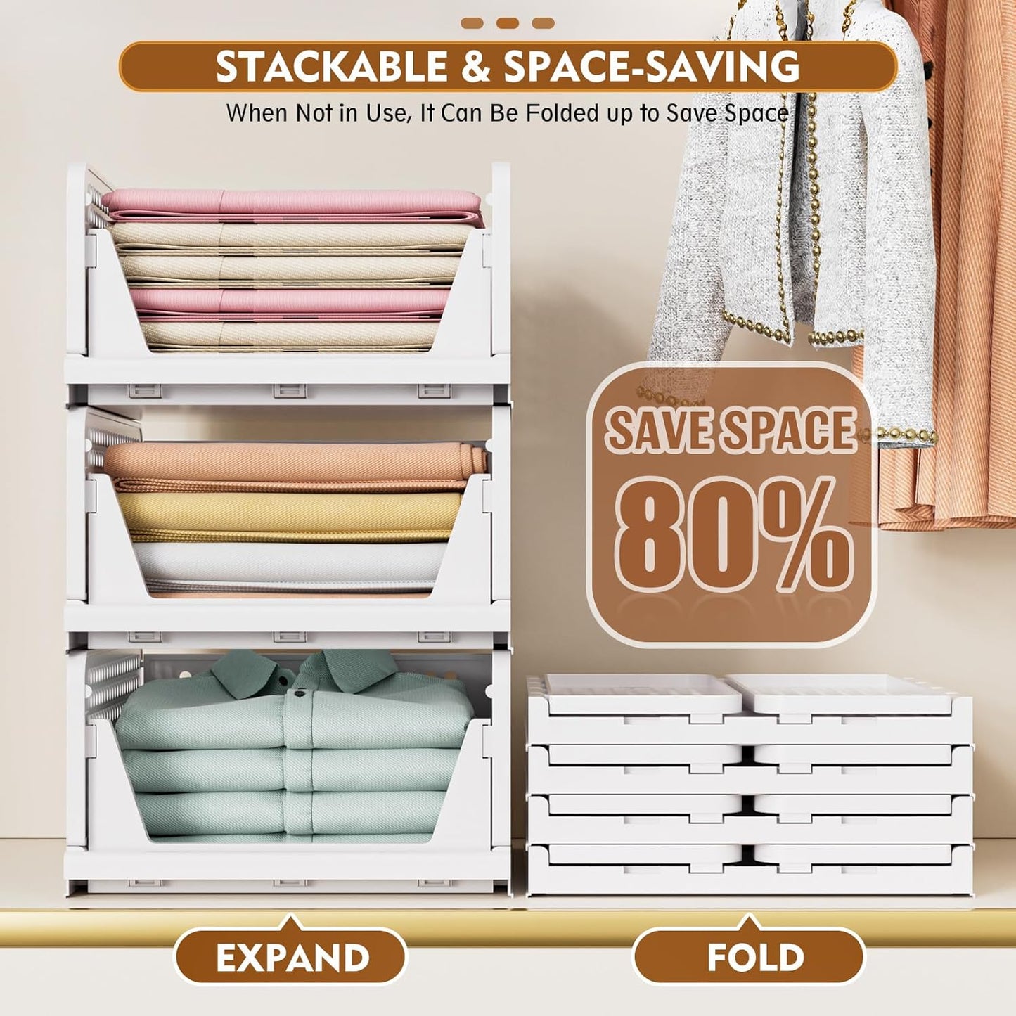 SNSLXH Stackable Closet Organizer Box - Multifunctional Foldable Storage Basket for Bathroom & Laundry - Green, 5 Pack
