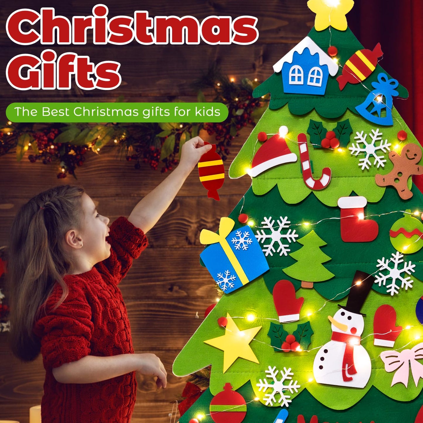 TonJin Felt Christmas Tree Set for Toddlers Kids with 3m/9.8ft Led String Light, 3.2ft/98cm Wall Hanging DIY Christmas Tree with 32 Detachable Ornaments for Xmas Home Decoration