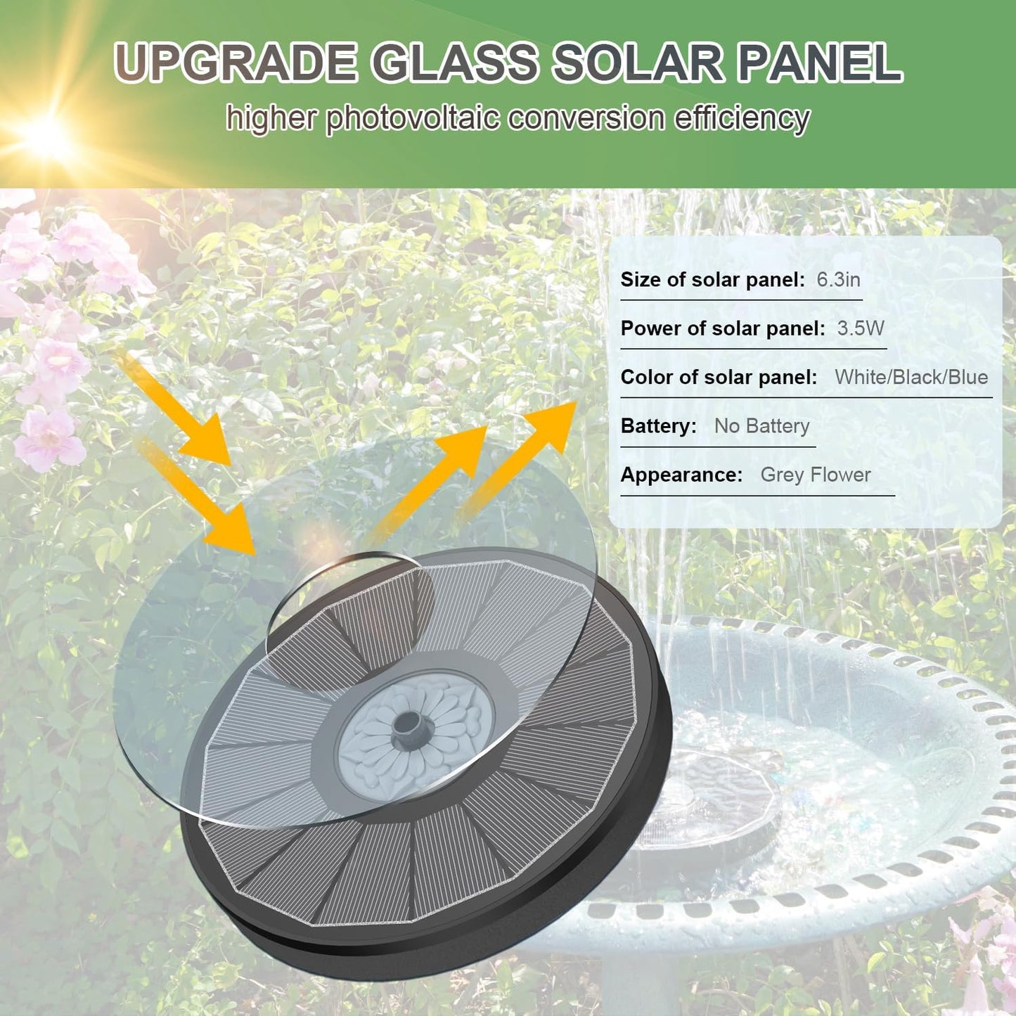 Yzert Solar Fountain - High-Efficiency 3.5W Glass Panel for Bird Bath | Outdoor Garden Decor (Black)