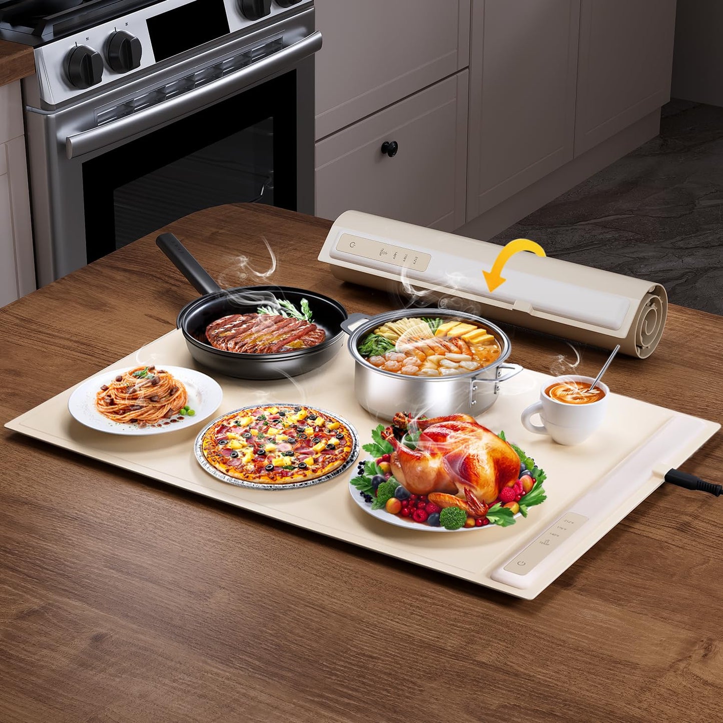 FULSUNT Warming Mat for Food, Rapid Heating Electric Warming Tray with 3 Temperature Settings, Portable Nano Silicone Food Warmers for Parties, Buffets, Gatherings, Kitchen Warming Mat for Countertop