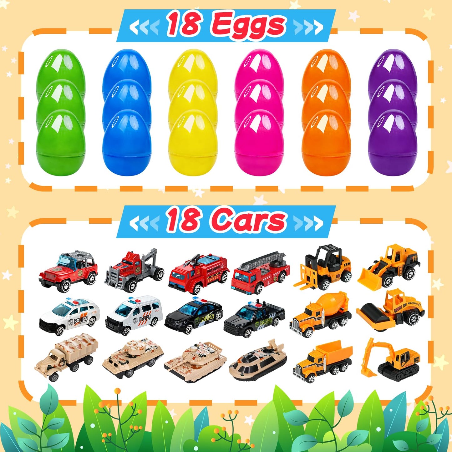 18 Pcs Prefilled Easter Eggs with Alloy Vehicles for Kids Die-Cast City Car Toys Construction Vehicles Easter Basket Stuffers Egg Fillers Egg Hunt Party Favors Classroom Prizes for Boys