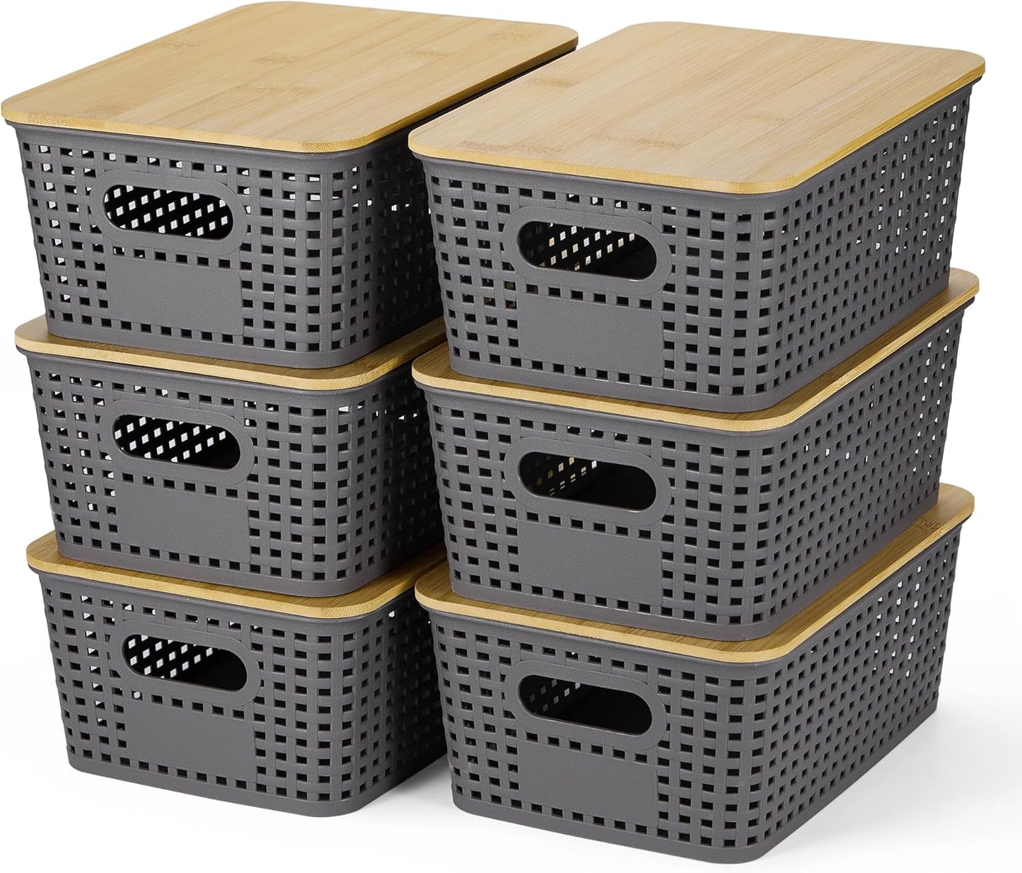 Plastic Storage Baskets With Bamboo Lid - Stackable Organizing Bins for Home & Office | 6 Pack, Gray