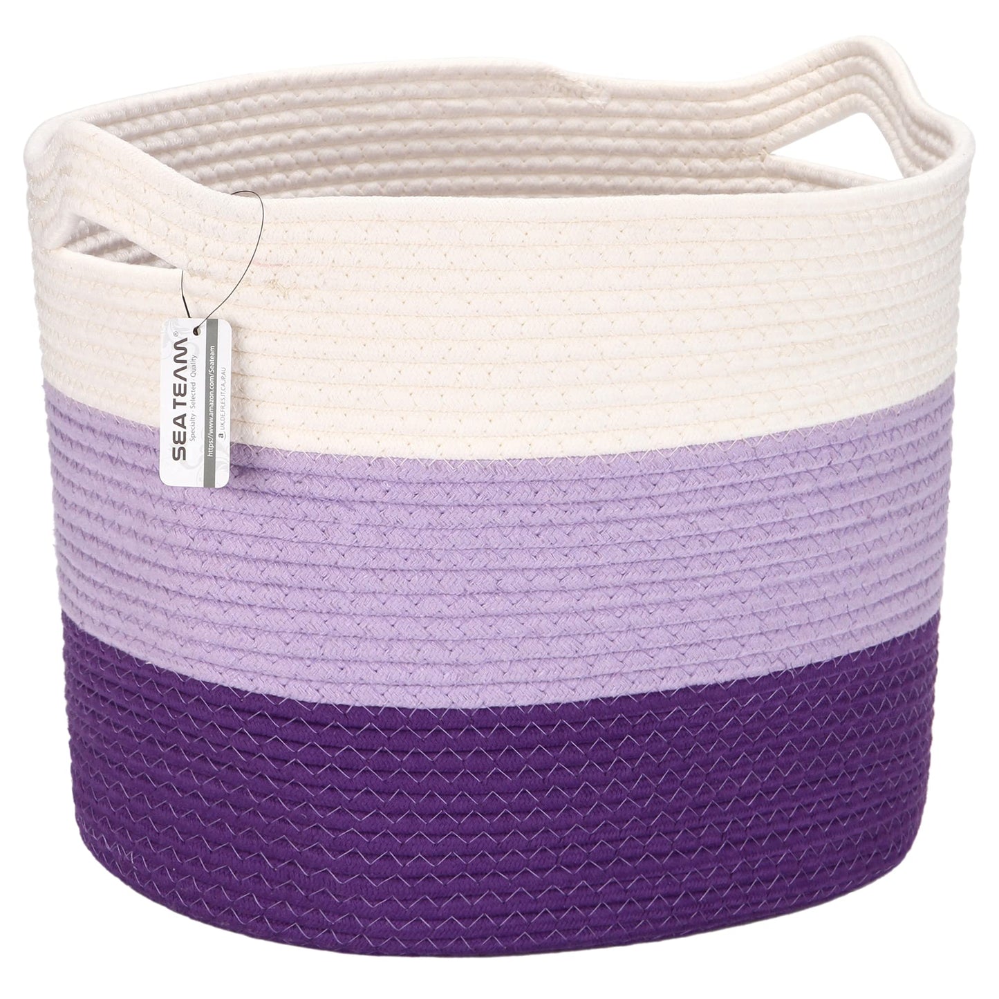 Sea Team Oval Large Cotton Rope Woven Storage Basket with Handles, Diaper Caddy, Baby Shower Basket, Nursery Nappies, Clothes Toys Organizer for Kid's Room, 16 x 13 inches, White & Lavender