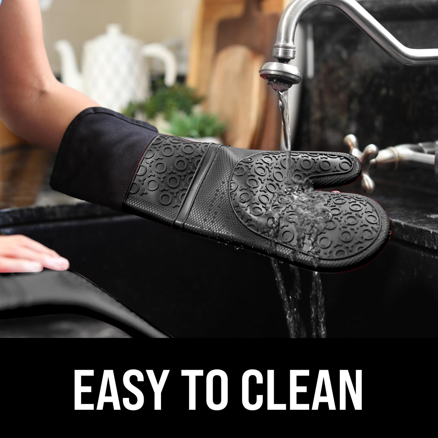 BPA-Free Silicone Oven Mitts Ultra Heat Resistant up to 500°F - Oven Mitts with Thick Cotton Liner - Long Slip Resistant Pot Holders, Flexible Oven Gloves - Black 14.7