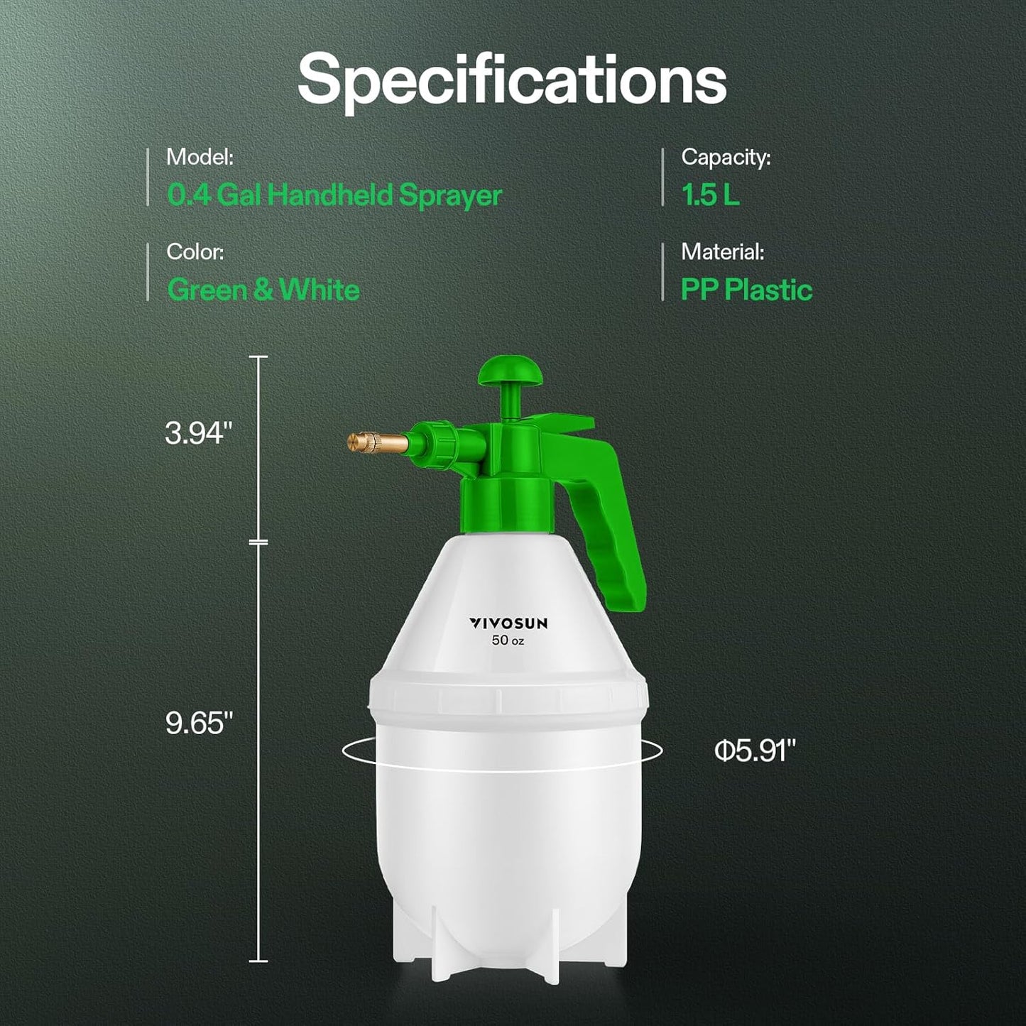 VIVOSUN 50oz Handheld Garden Pump Sprayer - Adjustable Brass Nozzle for Plants & Cleaning | Green