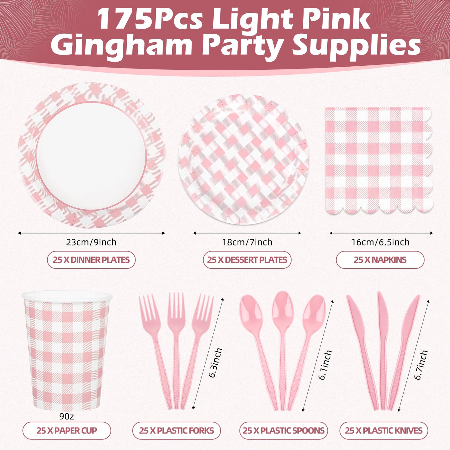 175Pcs Pink Gingham Party Supplies Pink Gingham Paper Plates and Napkins Cups Checkered Plates Disposable LightPink and White Plaid Party Decor for Birthday Family Fall Picnic BBQ,Serves 25 Guests
