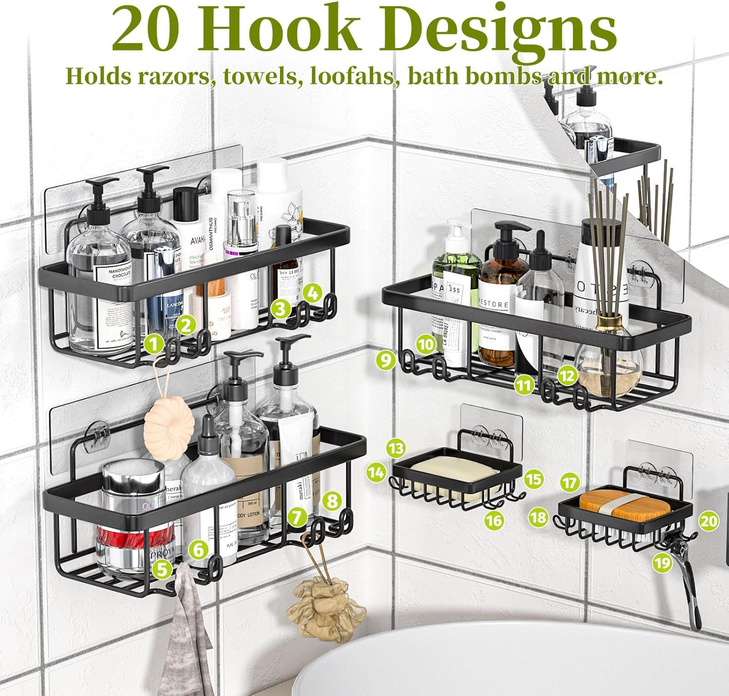 Skiennix Adhesive Shower Caddy - Rustproof Stainless Steel Bathroom Organizer | 5 Pack, Large Capacity, No Drilling, Black