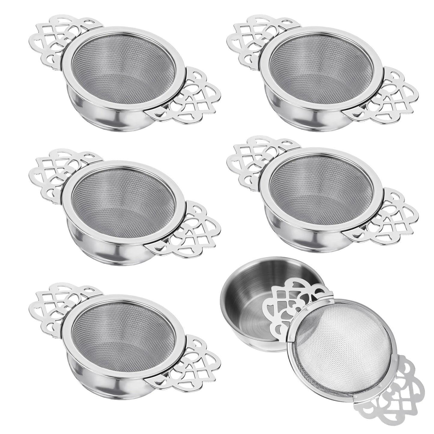 6 Pack Tea Filter Strainers Stainless Steel Loose Tea Infusers 2.5 Inch Tea Steeper with Double Wing Extender and Drip Bowl Sliver Small Fine Mesh Tea Strainers for Loose Tea Juice Coffee Filter