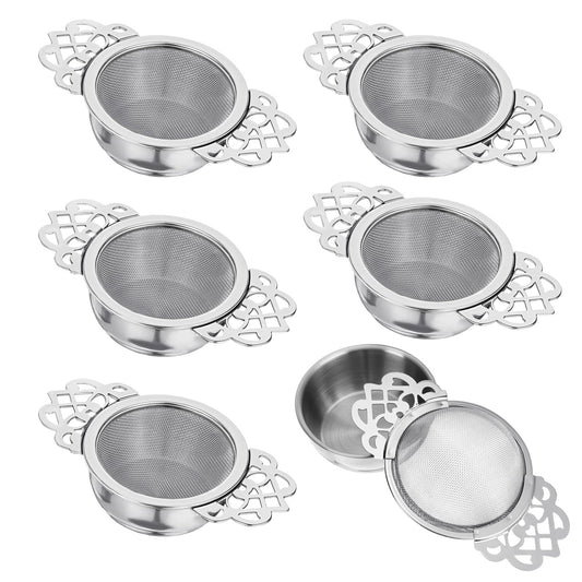 6 Pack Tea Filter Strainers Stainless Steel Loose Tea Infusers 2.5 Inch Tea Steeper with Double Wing Extender and Drip Bowl Sliver Small Fine Mesh Tea Strainers for Loose Tea Juice Coffee Filter
