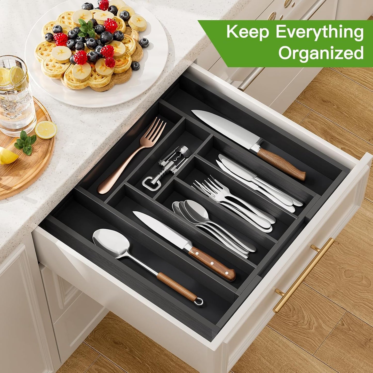 Pipishell Bamboo Drawer Organizer - Adjustable Utensil Holder with Wood Dividers | Black, Multi-Size
