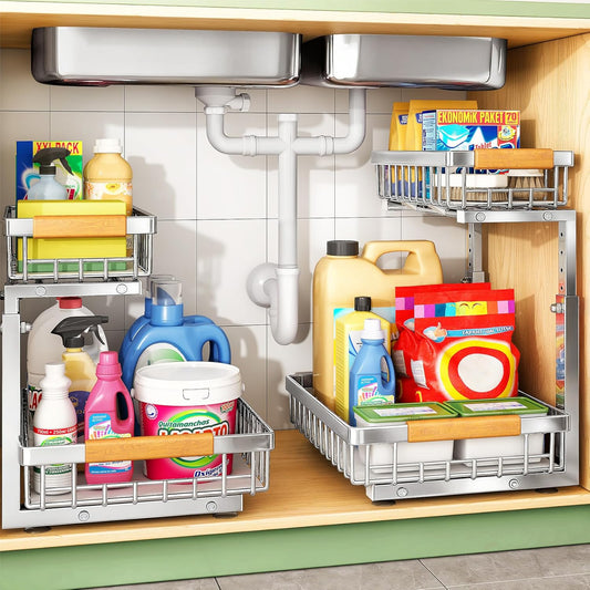 Skiennix Under Sink Organizer - Stainless Steel 2-Tier Storage Rack | Pull-Out Cabinet Shelf for Kitchen & Bathroom