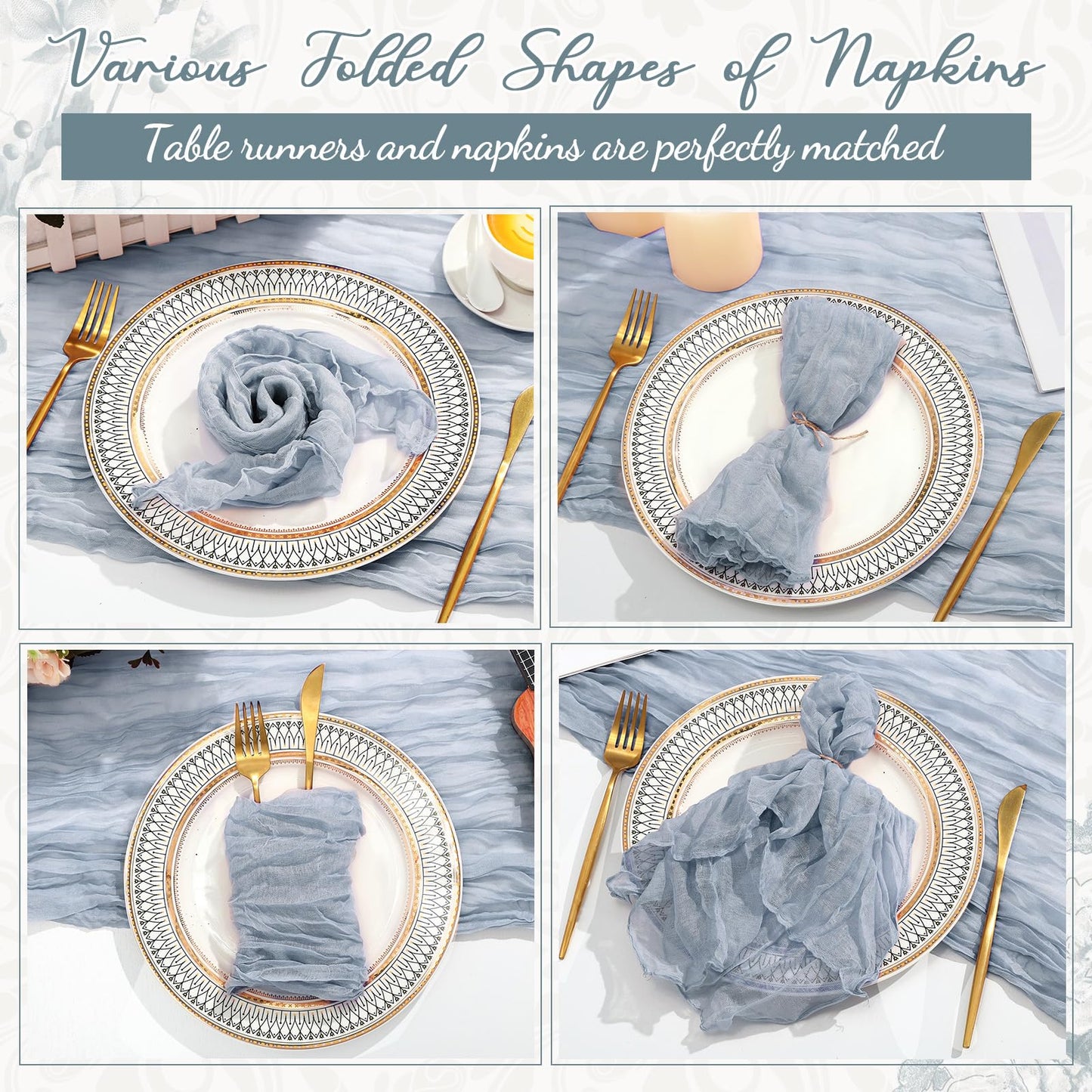 Windkream 2 Cheesecloth Table Runners and 24 Napkins Set, 10Ft Boho Cheese Cloth Table Runners 20 x 20 Inch Rustic Wrinkled Gauze Napkins for Wedding Birthday Baby Shower Party Decor (Dusty Blue)