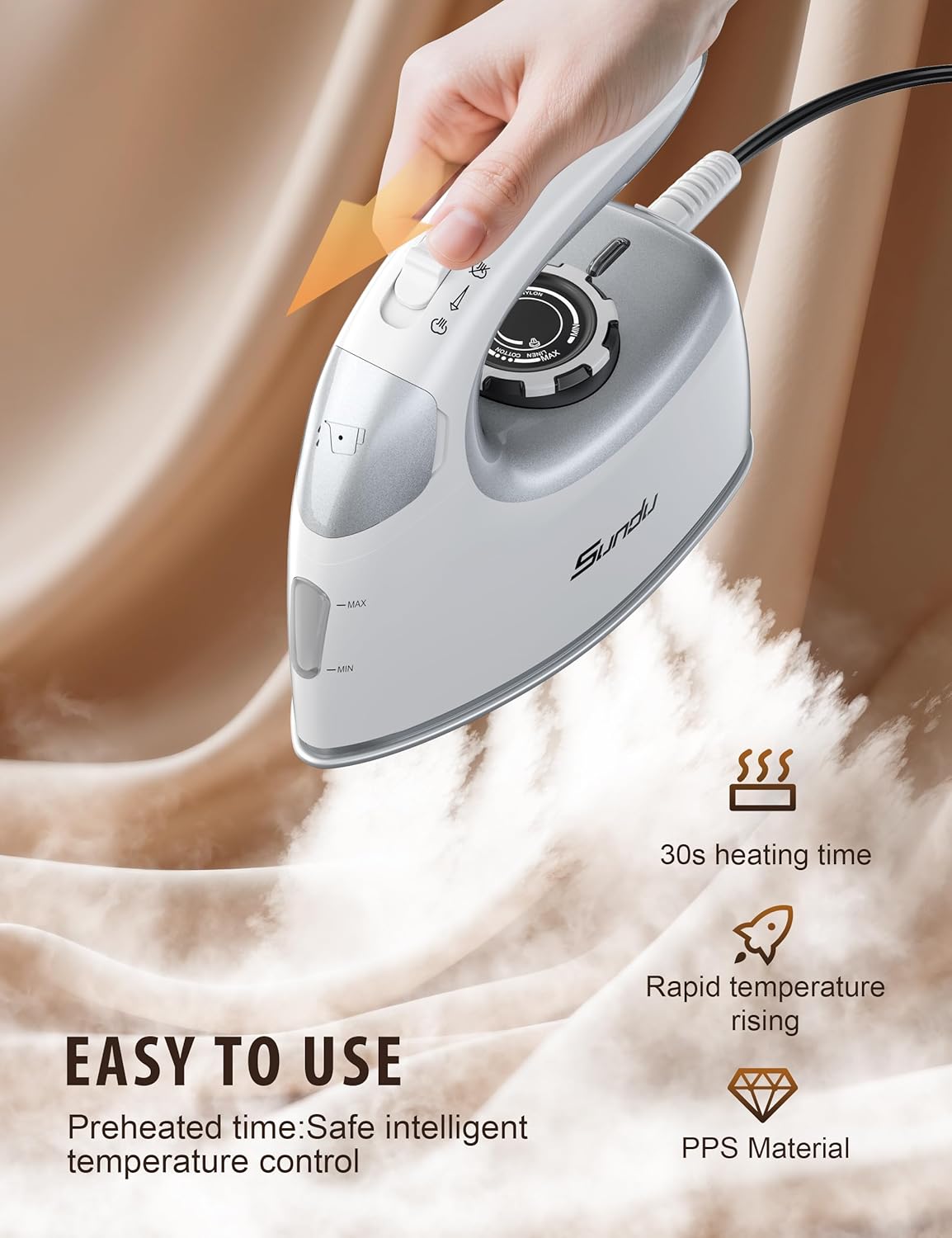 Sundu 1000W Mini Travel Steam Iron - Portable Quilting & Sewing Iron with Non-Stick Soleplate, 90ml Tank, Digital Control | Silver Grey