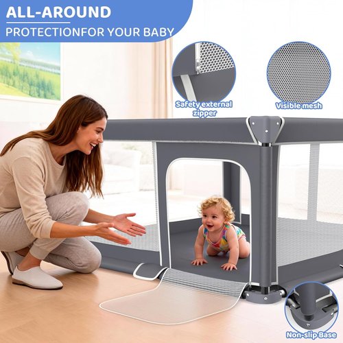 Foldable Baby Playpen - 50"x50" Portable Safety Play Yard for Babies & Toddlers - Indoor/Outdoor Use, Dark Gray
