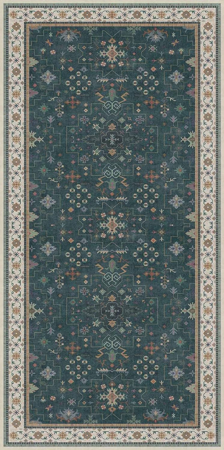 Oushak Dark Green 3x6 Kitchen Rug - Modern Vintage Boho Floral Design | Washable Non-Slip Area Rug