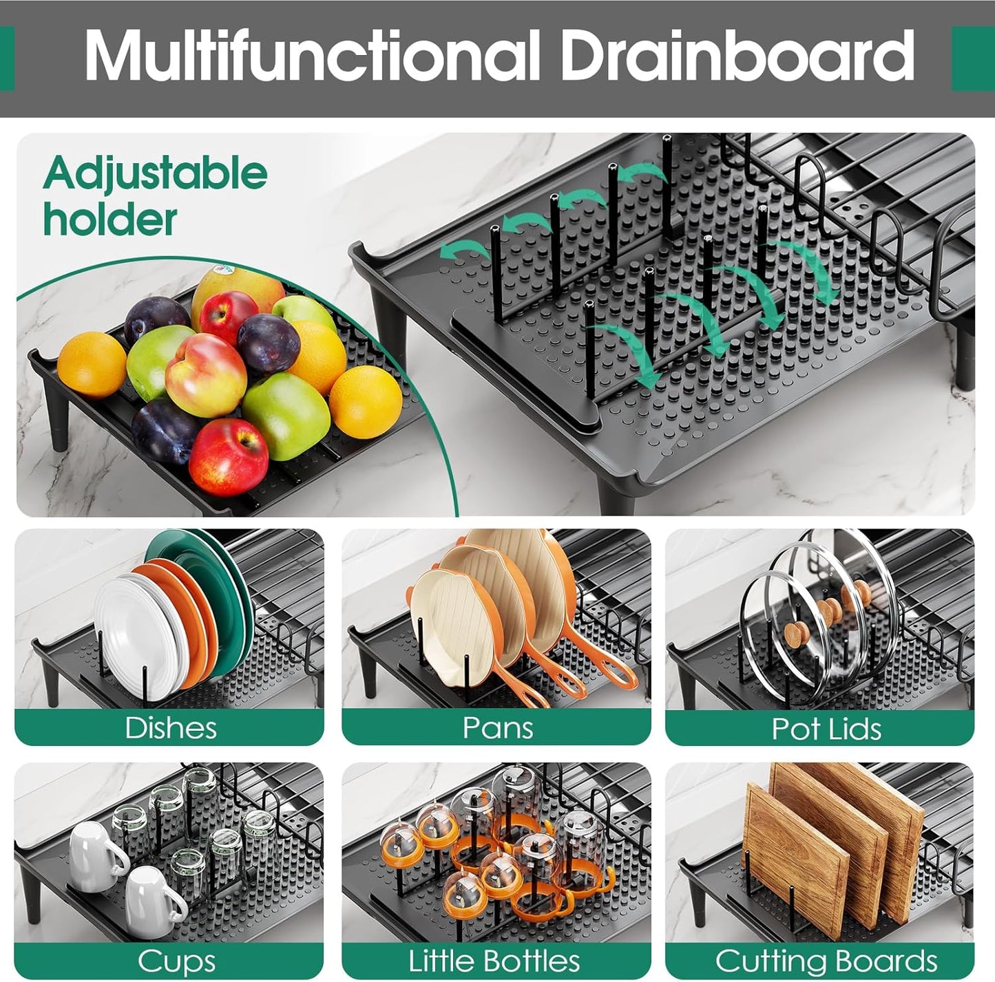 Skiennix Large Extendable Dish Drying Rack - 16.93" to 26.57" Expandable Design with Multifunctional Drainboard