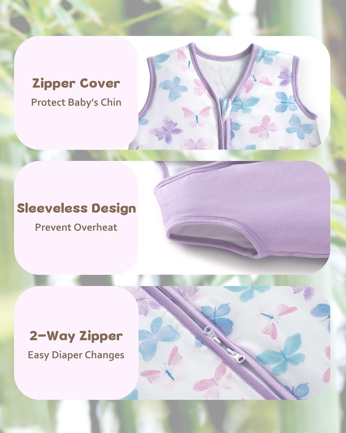 Rayon by Bamboo Baby Sleep Sack - Soft 1.0 Tog Wearable Blanket for Infants 6-12 Months | 2-Pack Purple Butterfly