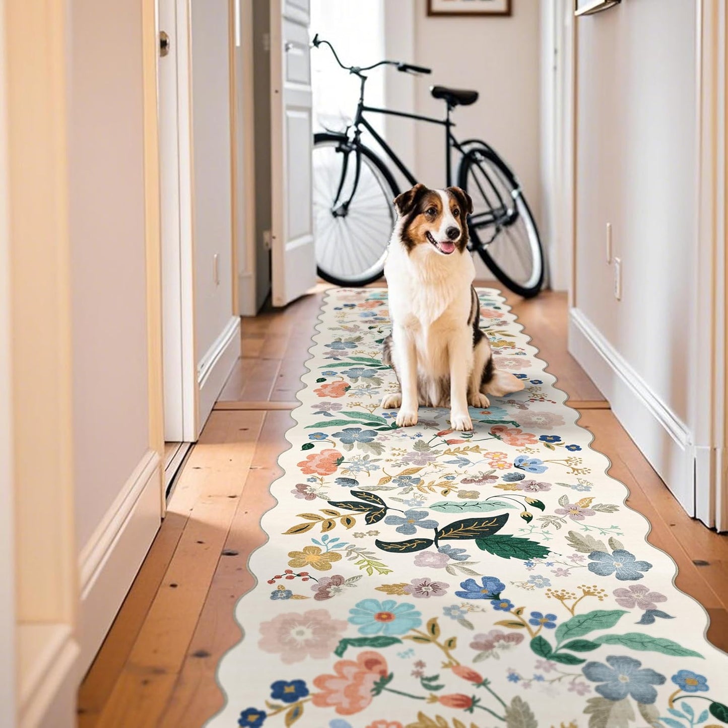 Skiennix Washable 3x12 Hallway Runner Rug - Soft Floral Scalloped Design | Non-Slip, Water-Resistant Cream Carpet for Entryway, Kitchen, and Nursery