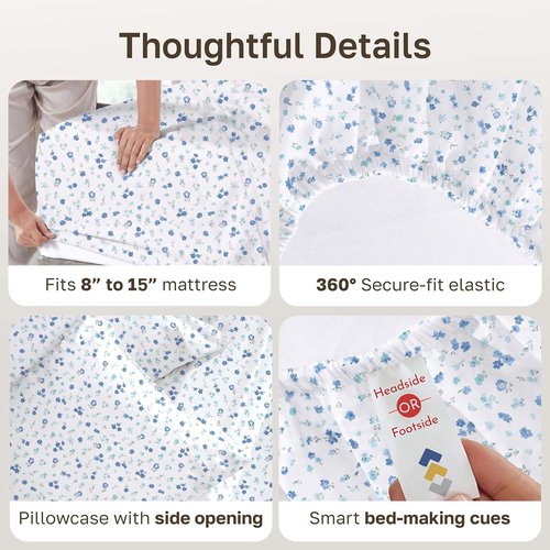 California Design Den Twin Cotton Sheet Set - 100% Soft, 400 Thread Count, Award-Winning Floral White/Blue
