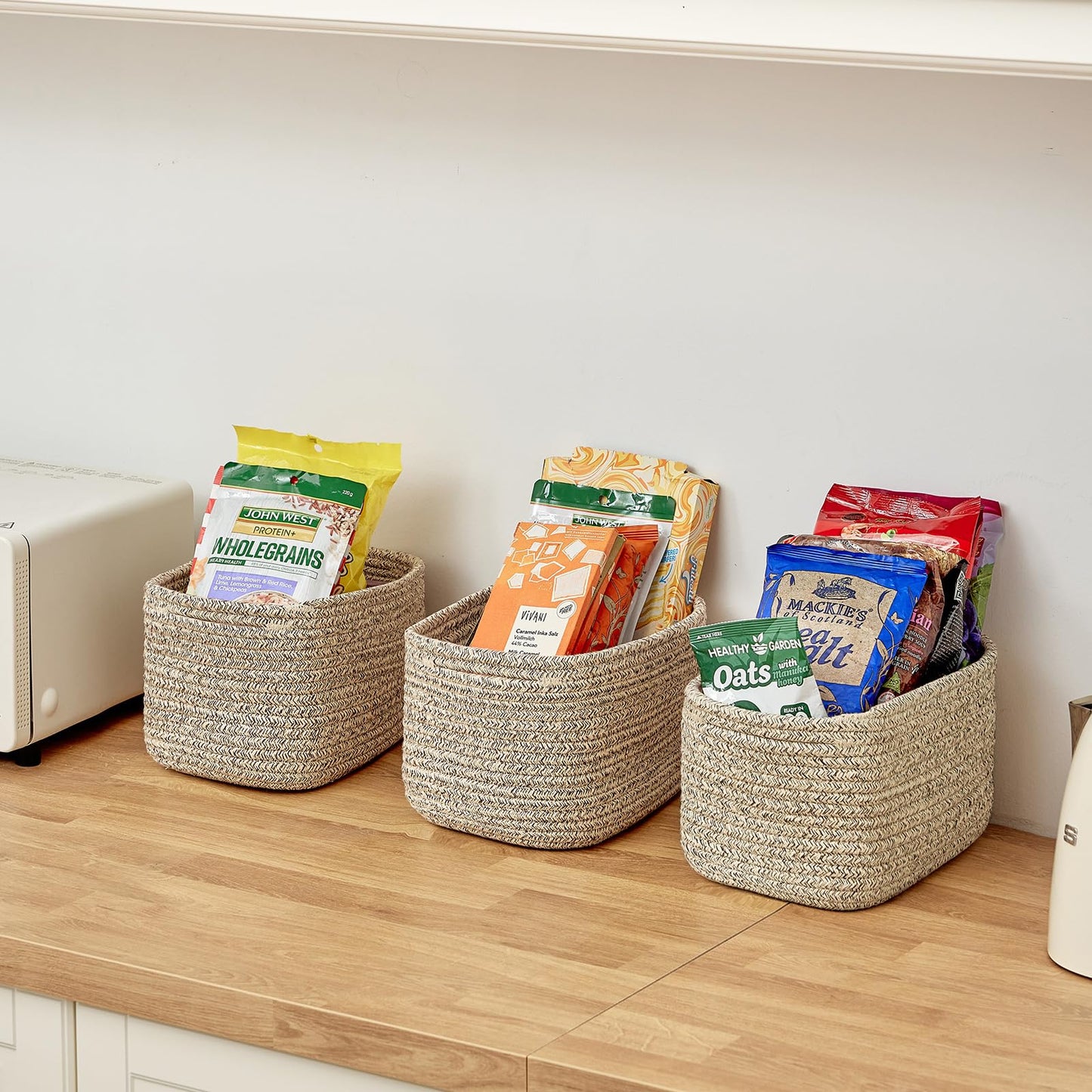 R RUNKA Small Cotton Rope Basket – Storage Bin for Organizing (10.6" x 6.7" x 6.7"), Bathroom Storage Basket for Shelf, Counter & Closet（Beige）