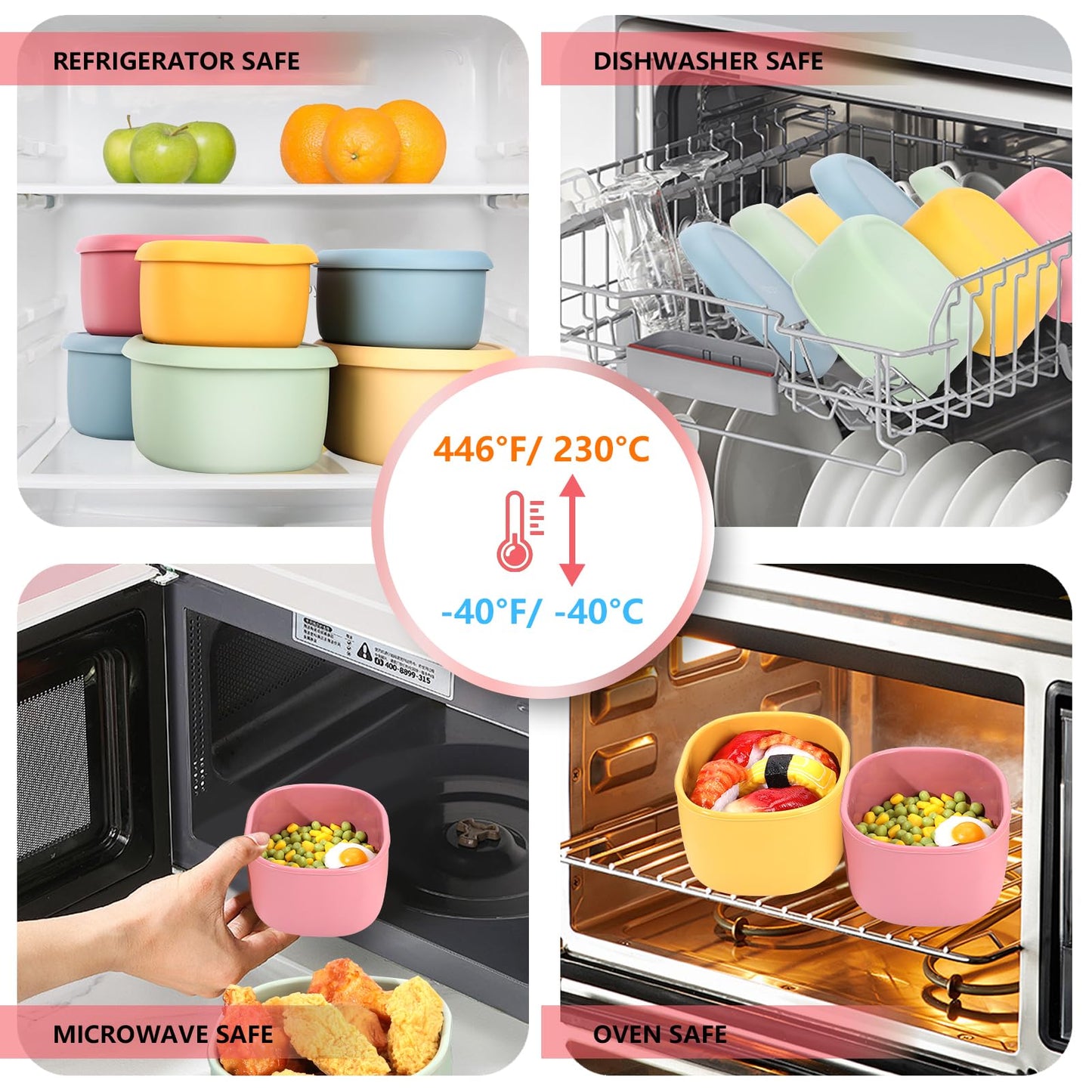 AOEDEO 4Pcs Silicone Food Storage Containers with Lids，BPA Free Reusable Silicone Storage Containers for Food Freezer Containers Freezer Dishwasher Safe (33.8oz, 20oz, 10oz, 6.7oz) (pink)