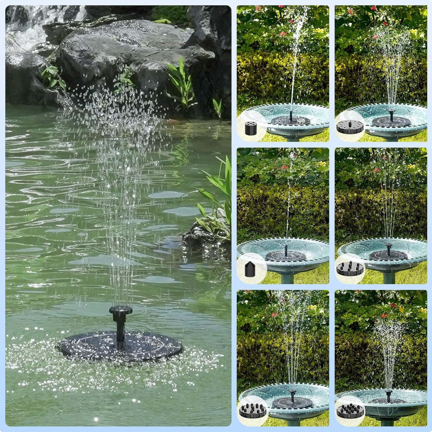 Skiennix Solar Fountain - 1.5W Floating Bird Bath Pump with 6 Nozzles | Ideal for Garden & Pond